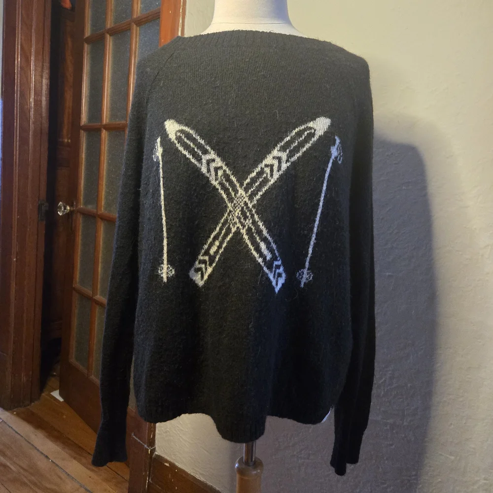 Woolrich Ski Sweater Black Wool Blend Alpine Lodge Graphic XL - Picture 6 of 12